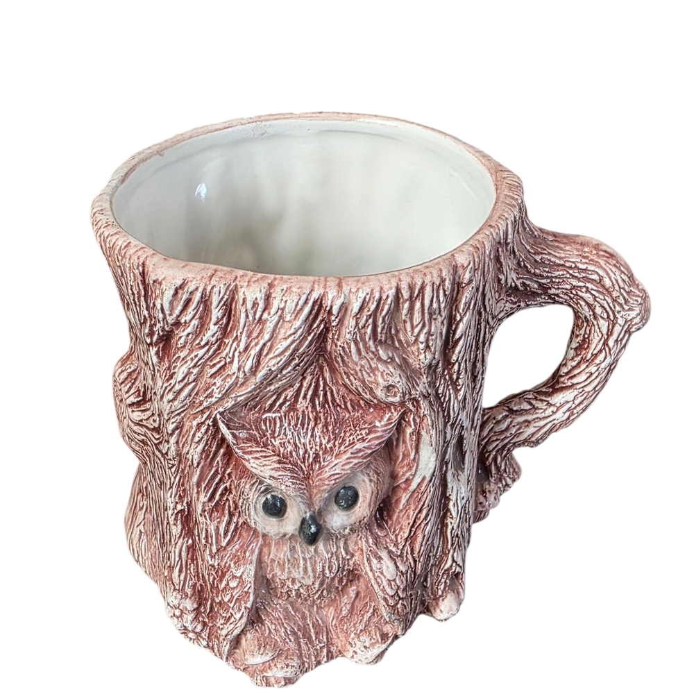 Vintage 1979 Owl In Tree Handpainted Signed Ceramic Mug 4" at Base 4" Tall